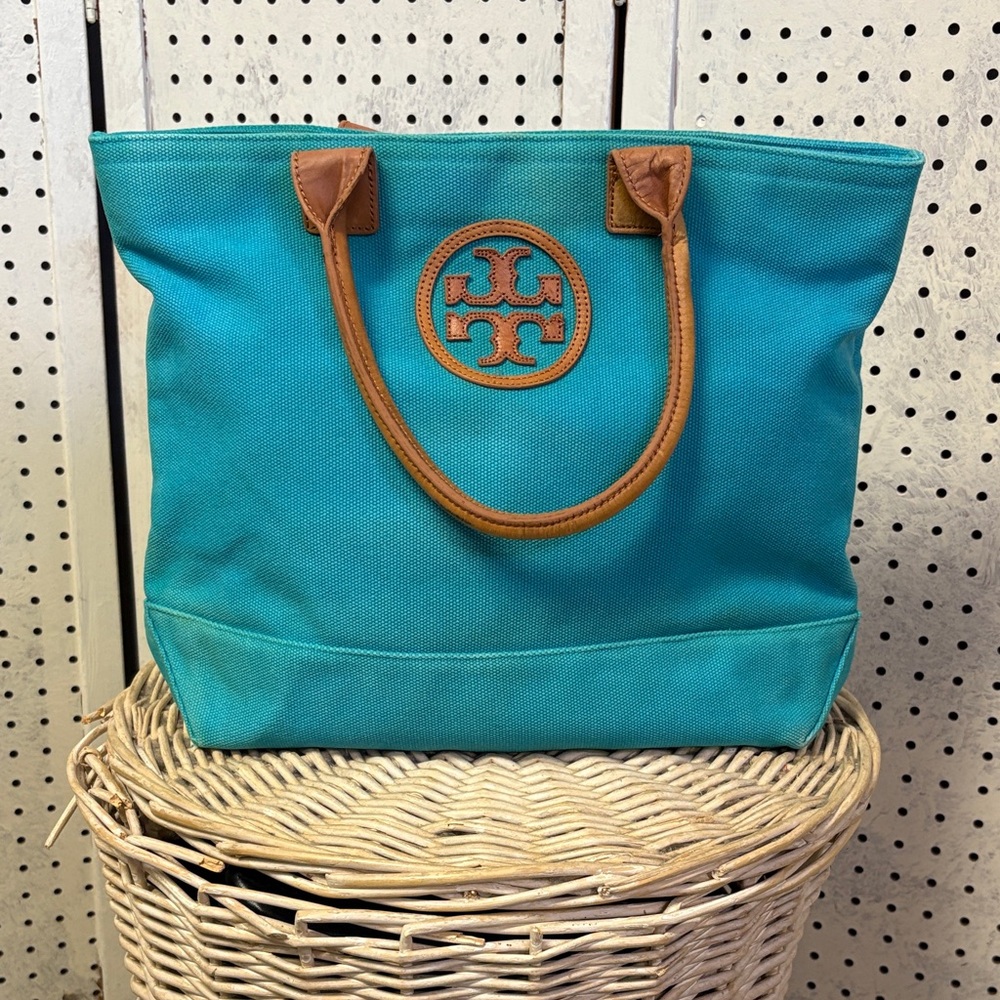 Tory Burch Turquoise and Tan Tote